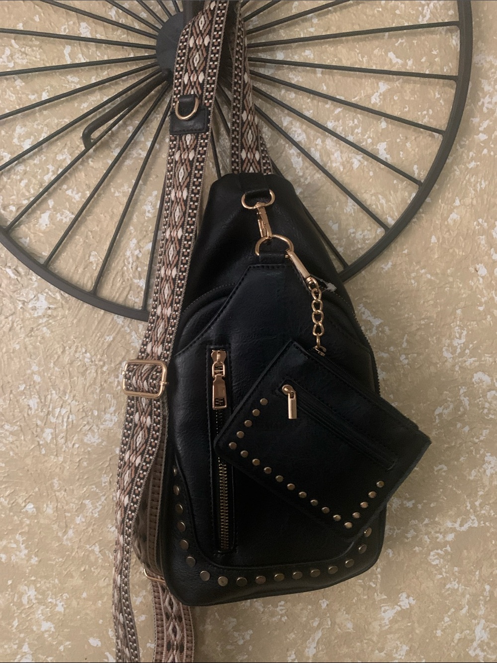 Black Studded Crossbody Sling Bag with Patterned Adjustable Strap